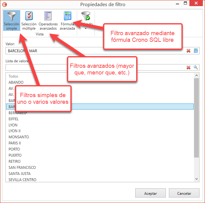 Propiedades de filtro